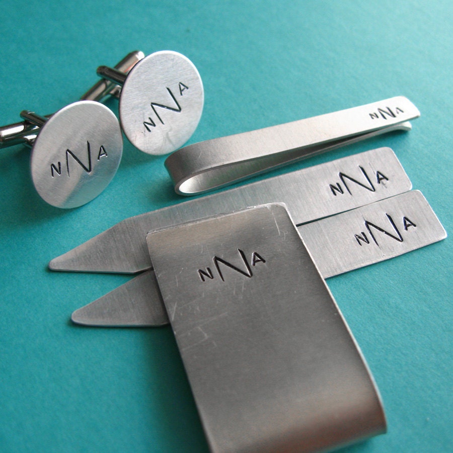 Mens Gift Set - Monogram Cuff Links, Collar Stays, Tie Bar and Money Clip - Personalized Gift Set