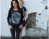 Womens pullover - long sleeved slouchy raglan - full moon print on lightweight heather black shirt - for her / for women - spring fashion