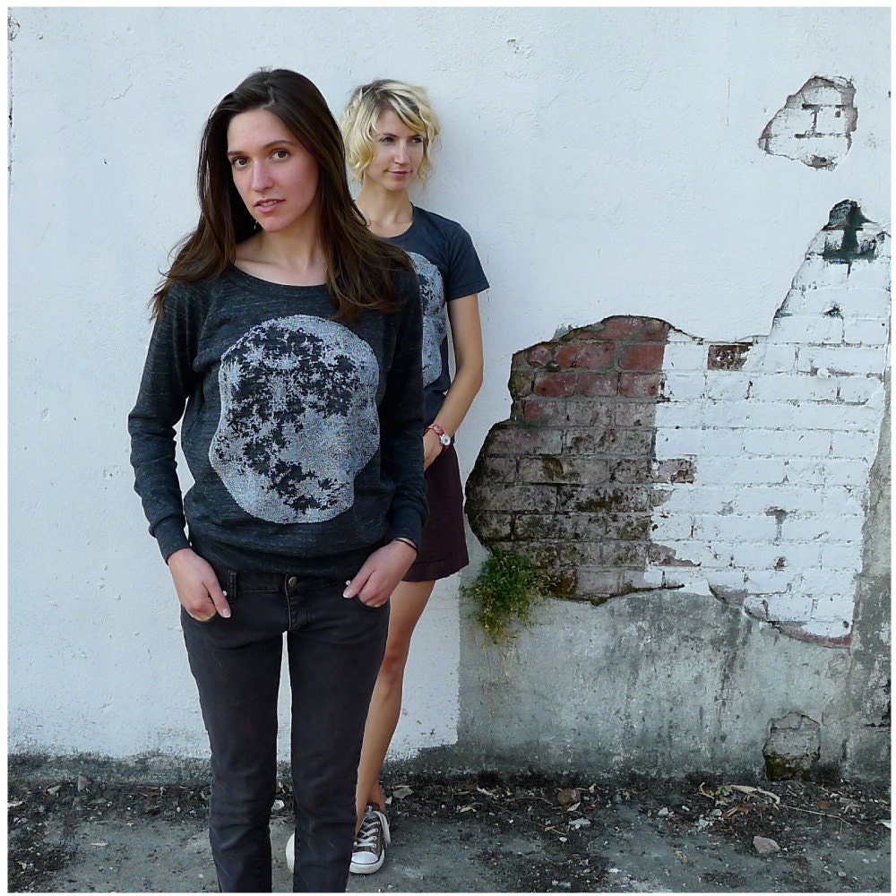 Womens pullover - long sleeved slouchy raglan - full moon print on lightweight heather black shirt - for her / for women - spring fashion