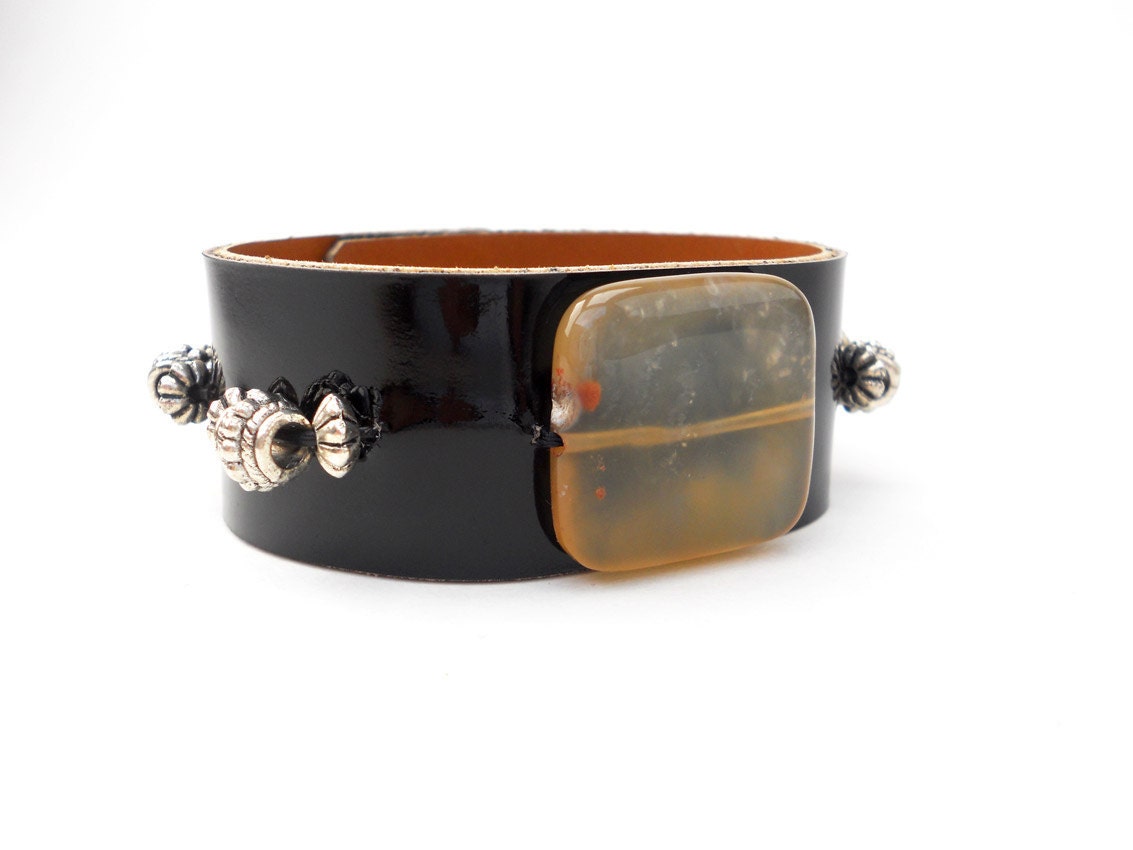 Black Patent Leather Wristband with Lemon Yellow Stone Bead