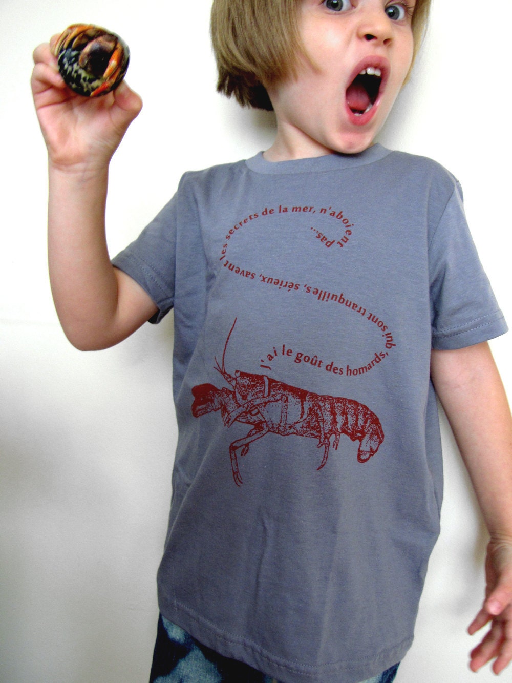 Pet Lobster Childrens Tshirt in Slate in Youth 12-  kids clothing, teen tshirt, typography