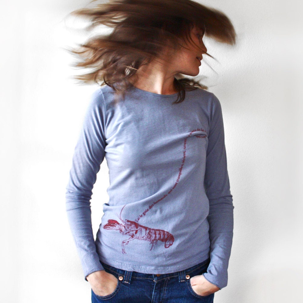Pet Lobster Womens T-shirt - American Apparel tshirt in slate grey - Long sleeve t shirt / nautical gift for her, womens summer fashion