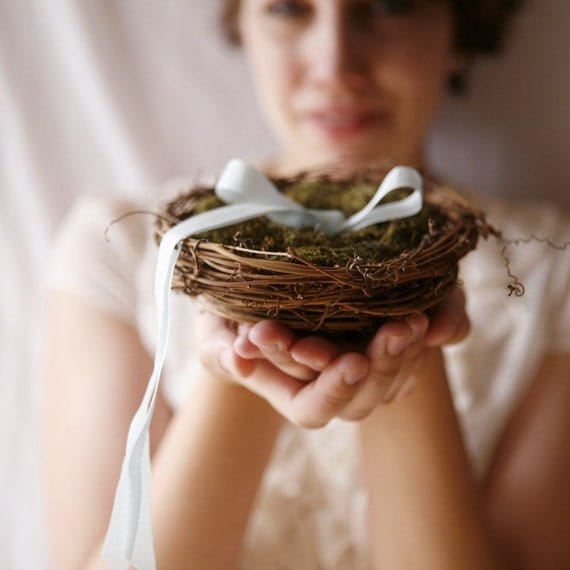twig nest and moss ring bearer pillow, woodland wedding decor - LOVE NEST