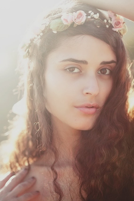 boho flower crown - secret garden - bridal hair, pink rose