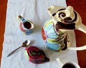 Tea Set - Urban Fusion Funky Tea Pot, Cream & Sugar - Colorful Pottery Serving Boho Home Decor Gift Giving   UF-369, UF-374