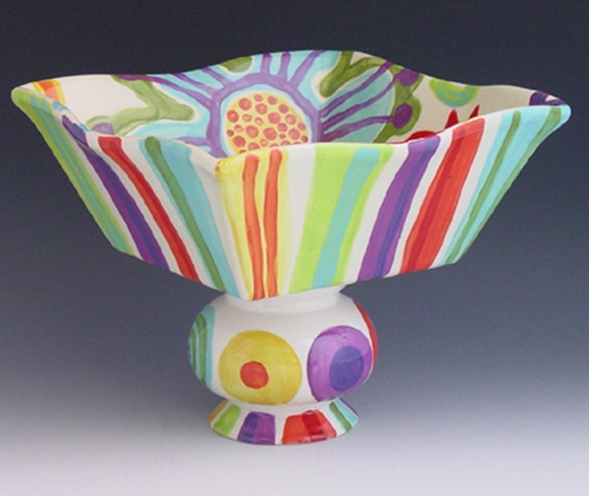 Footed Bowl -Jubilation  Large Flareware Compote-  Colorful Whimsicial Pottery Fun Striped Floral Serving Bright Bold Home Decor Gifts J-377