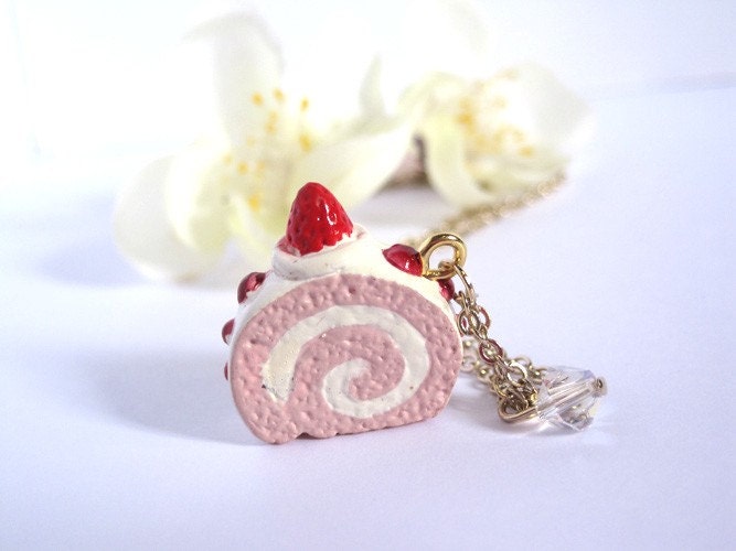 Kawaii Cake Miniature. Swiss Roll Cake. Cherry Strawberry Slice. Pink Food Jewelry. Swarovski Crystal 16k Gold plated Necklace