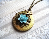 Vintage brass locket, rose cabochon, blue flower - brass bird charm