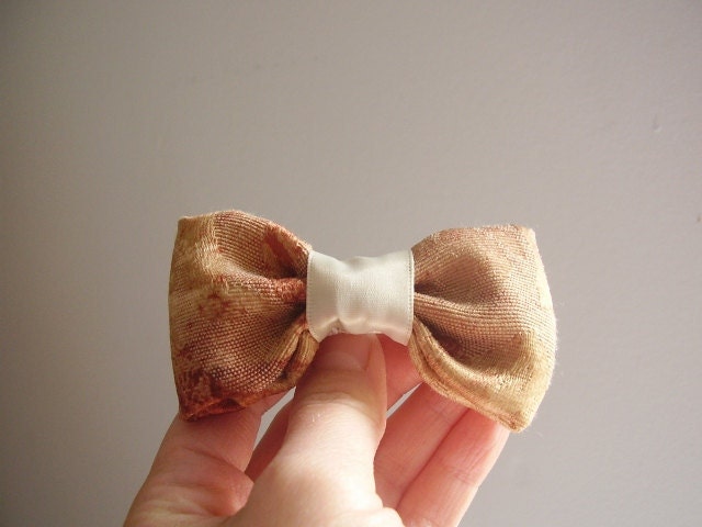 Bow tie brooch, handmade with upholstery fabric sample, cream, orange, copper with satin ribbon, men women