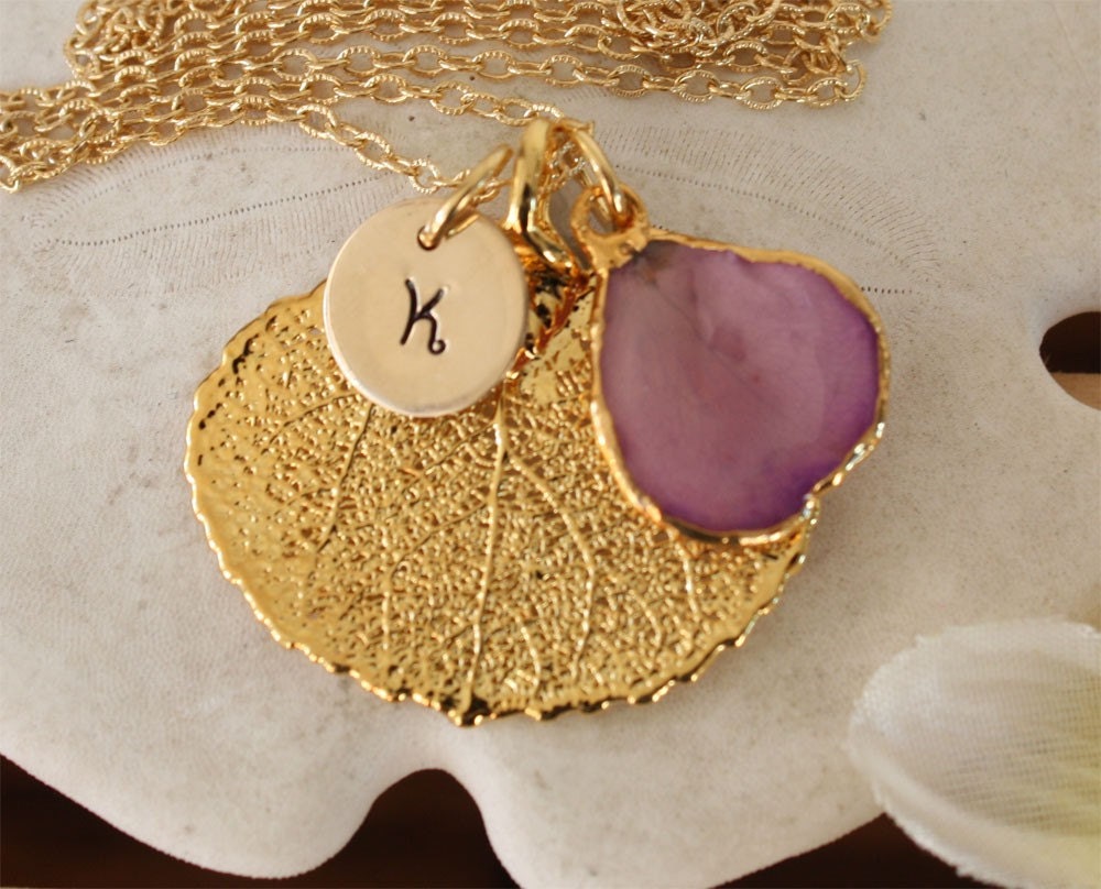 Real Leaf Necklace & Rose Petal Personalized 24kt Gold Charm