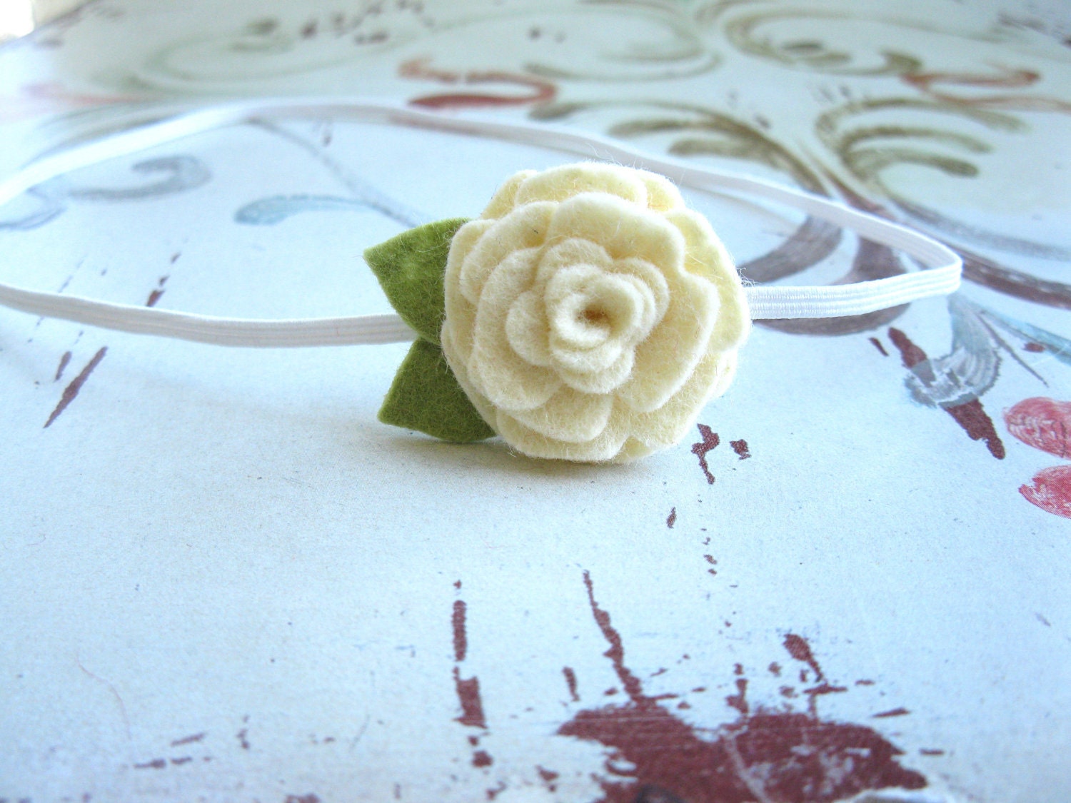 Tiny Felt Flower Headband . Sunny Smiles . Elastic Headband With Wool Blend Felt Flower In Cream