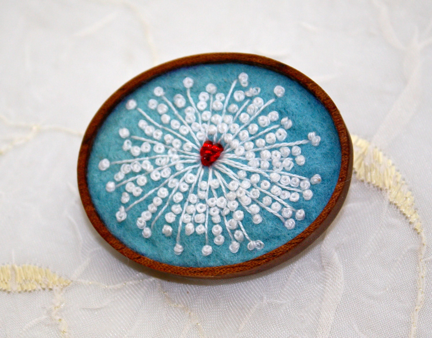 Brooch Queen Annes Lace Hand Embroidered Blue