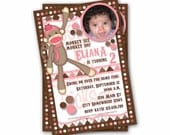 Sock Monkey Invitation Pink Birthday, Baby Shower, personalized - DIY printable JPG file