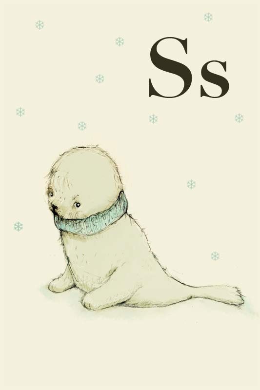 S for seal  Alphabet animal,  Print 6x8 inches