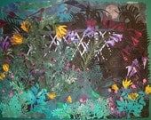 Moonrise ,Cut paper, Original Acrylic on paper collage 24x30 inches, Sunflower, garden, art, floral, office decor, women, moon