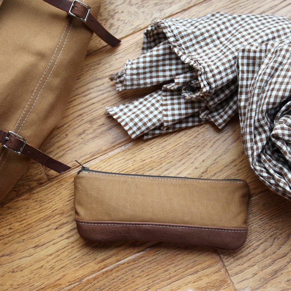 Pencil Pouch in Cinnamon Brown Cotton Canvas and Leather // Zipper Case