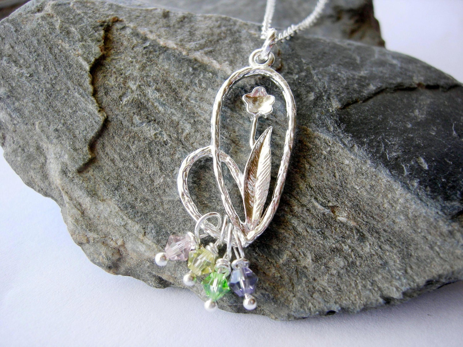 Silver Flower Necklace-Pastel Swarovski Crystals-Silver Chain Necklace-Gift Idea