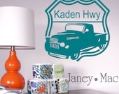 Vintage Truck Highway Sign Wall Decal - Custom Name Vinyl Sticker - Children's Bedroom Nursery - CB101B