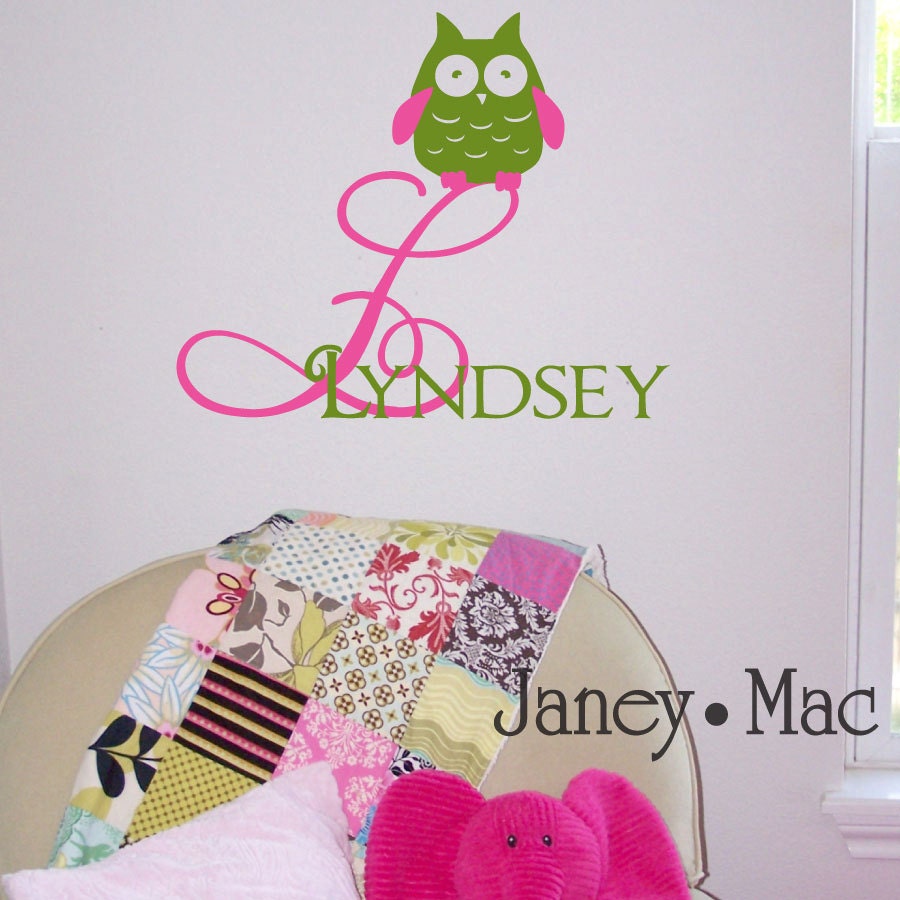 Owl Monogram Wall Decal with Name - Modern Nursery Children's Bedroom - Wall Decor Sticker - CM108