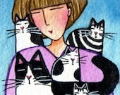 Crazy Cat Lady and Kittens...Original ACEO art miniature watercolor painting
