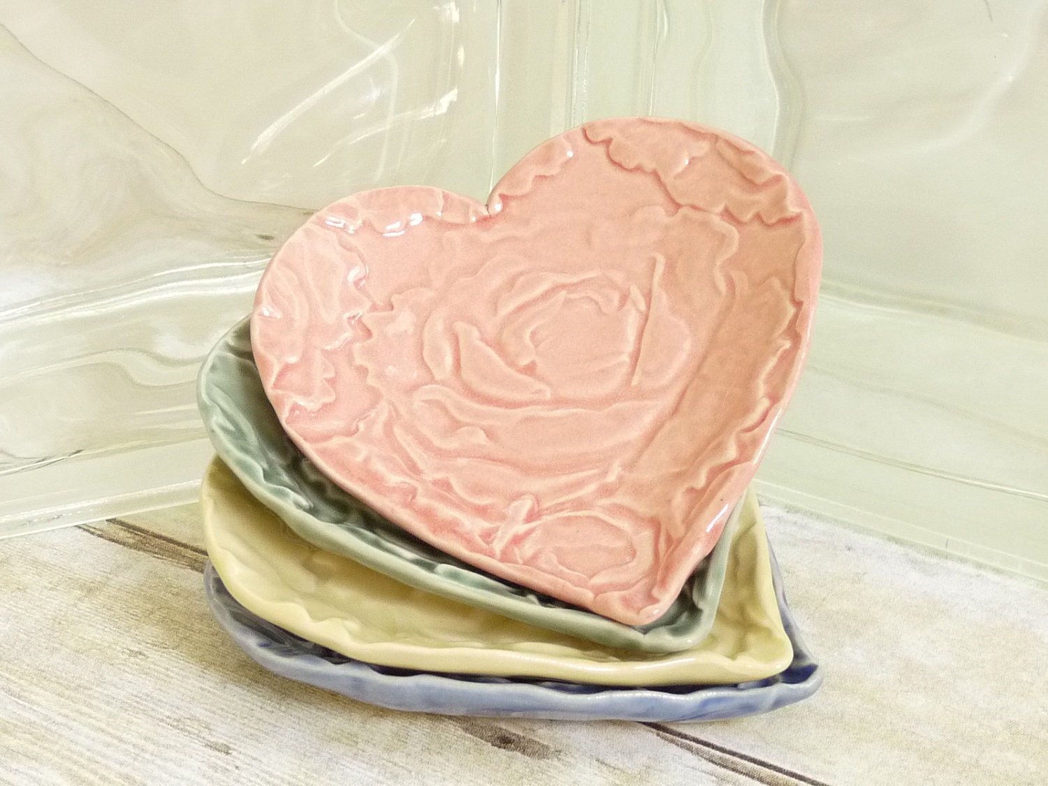 Ceramic Trinket Dish Ring Holder Pink Cabbage Rose Heart Valentine