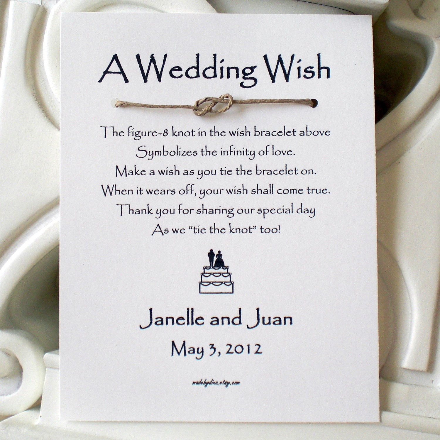 Infinity Love Knot - A Wedding Wish with Bride and Groom on a Cake - Wish Bracelet Wedding Favor Custom Made for You