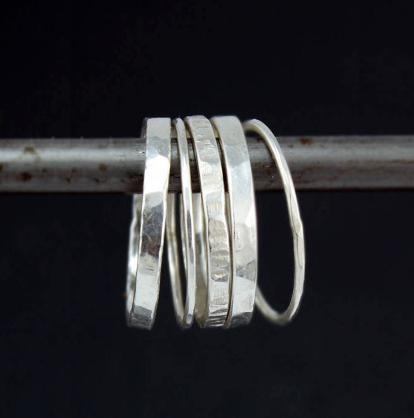 Hammered Stacking Silver Rings, Set of 5 in Mixed Textures