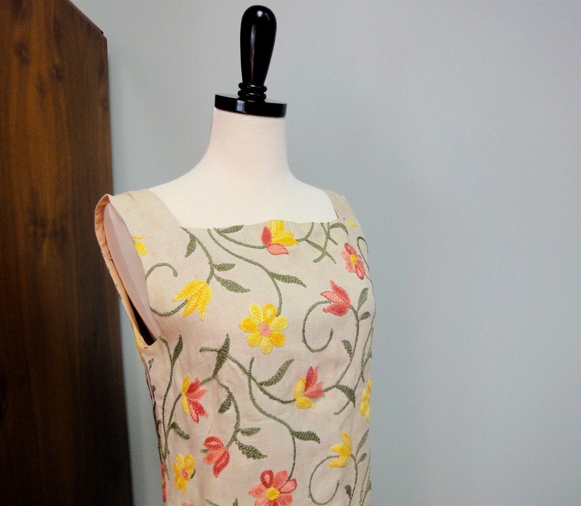 Unique Vintage Dress 1960s Linen Shift, Crewel Work Embroidery, Colorful Floral Design