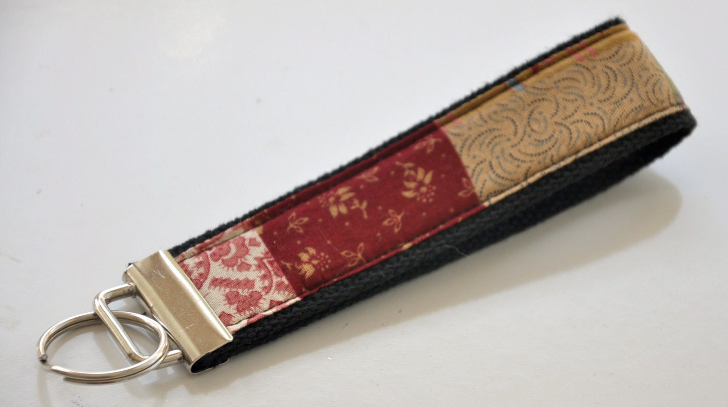 Earth Toned Calico Fabric Keychain with Black Cotton Heavy Duty Webbing FOB