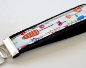 Spring Garden Wristlet of Ladybugs, Trees and Bluebirds on Black Heavy Duty Cotton Webbing Keychain FOB