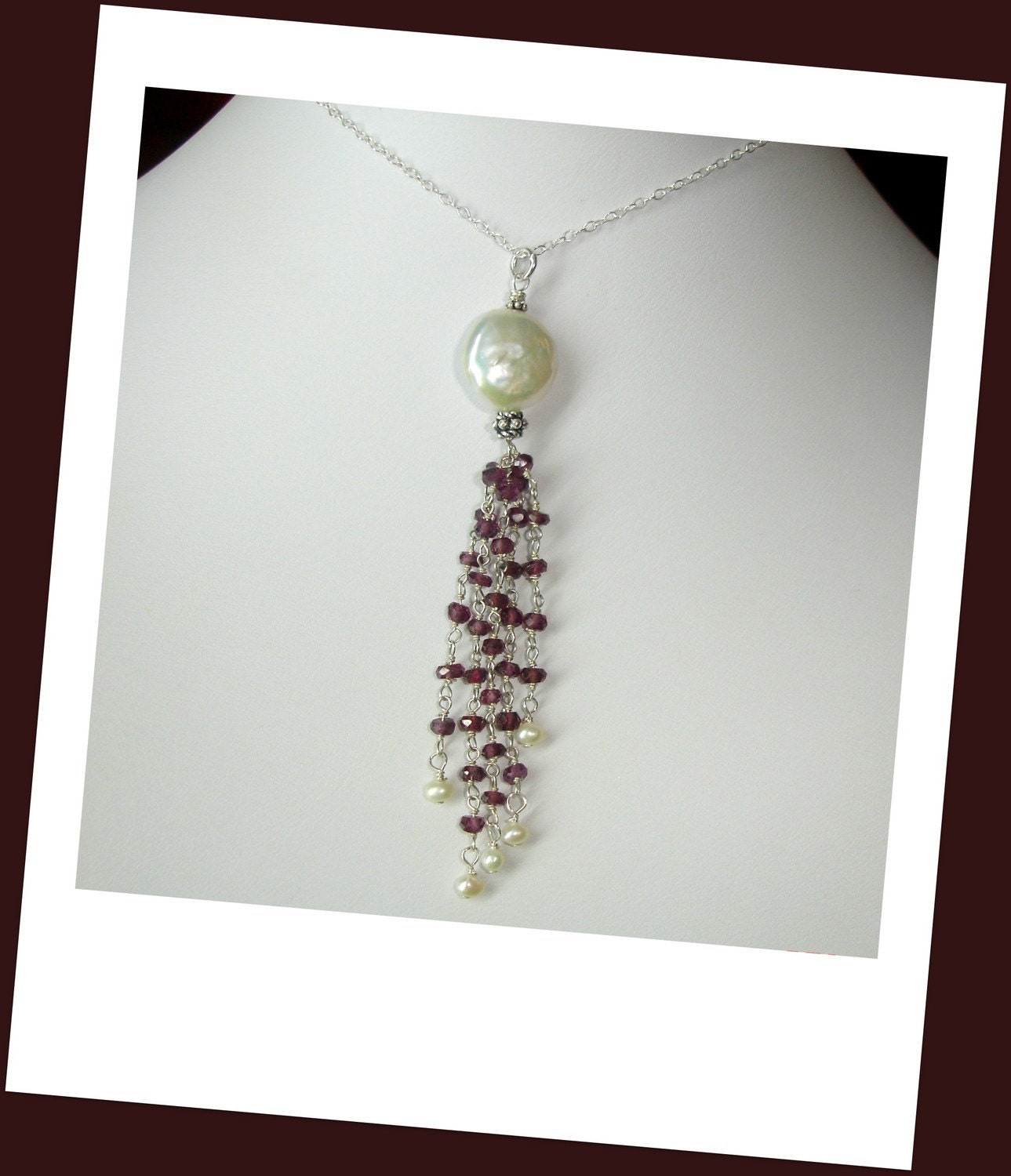 garnet necklace - garnet jewelry - White Coin Pearl necklace with Rhodolite Garnets in Sterling Silver - Tassel