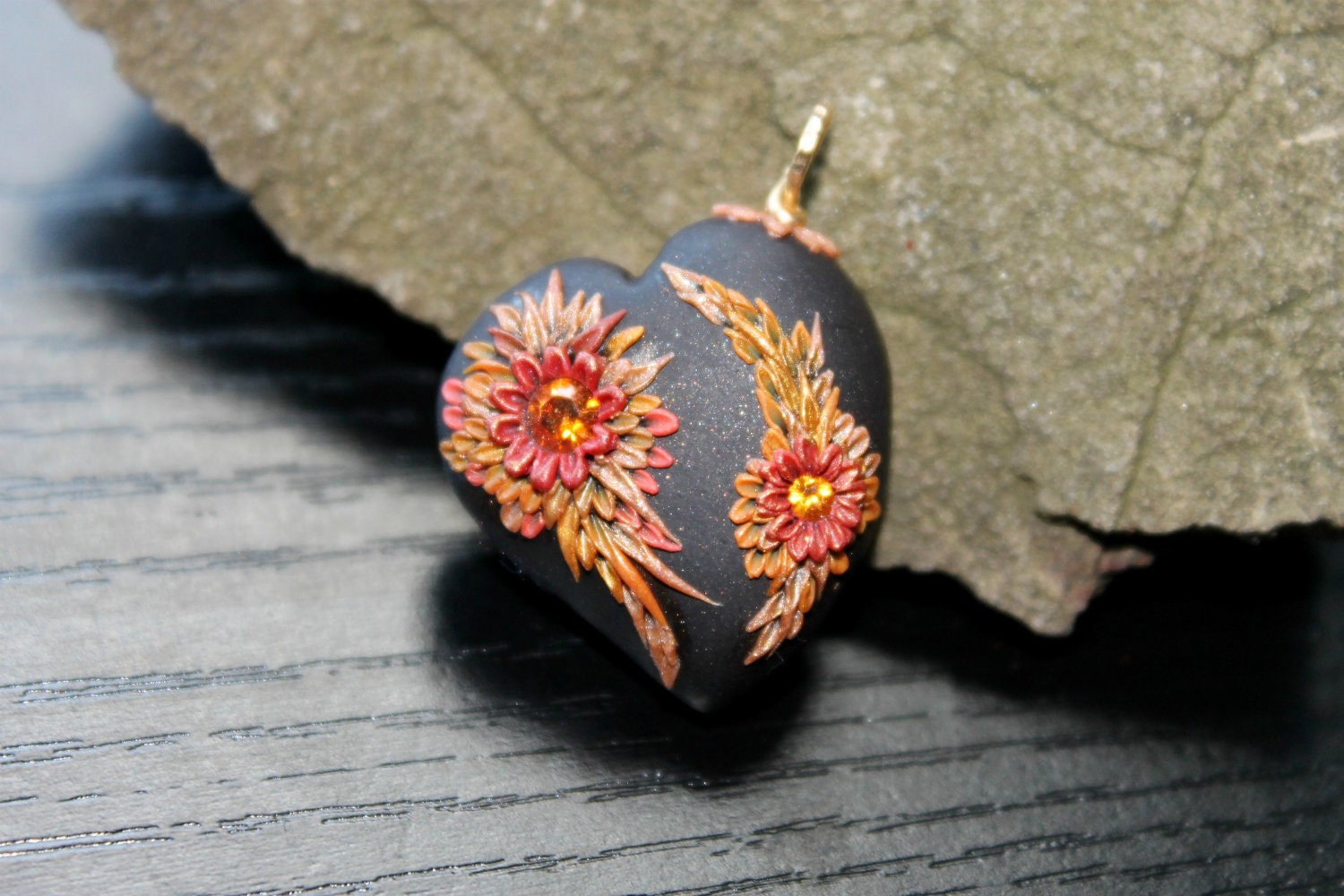 Lovely Chocolate and Fiery red orange Heart in 14k Gold fill- Heart in Gold fill - Filled With Love