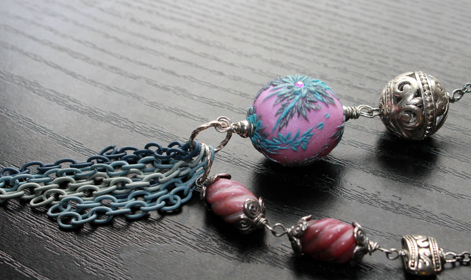 Pink and Grey carved Rhodonite , enamelled chains Tassel  necklace with handmade clay bead, silver beads - gunmetal necklace -  Chained Chic