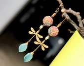 Peruvian Opal Chalcedony jewelry, Amazonite,golden pearl, clay floral on Vintage brass filigree dragonfly gold earrings - The DragonFly Gala