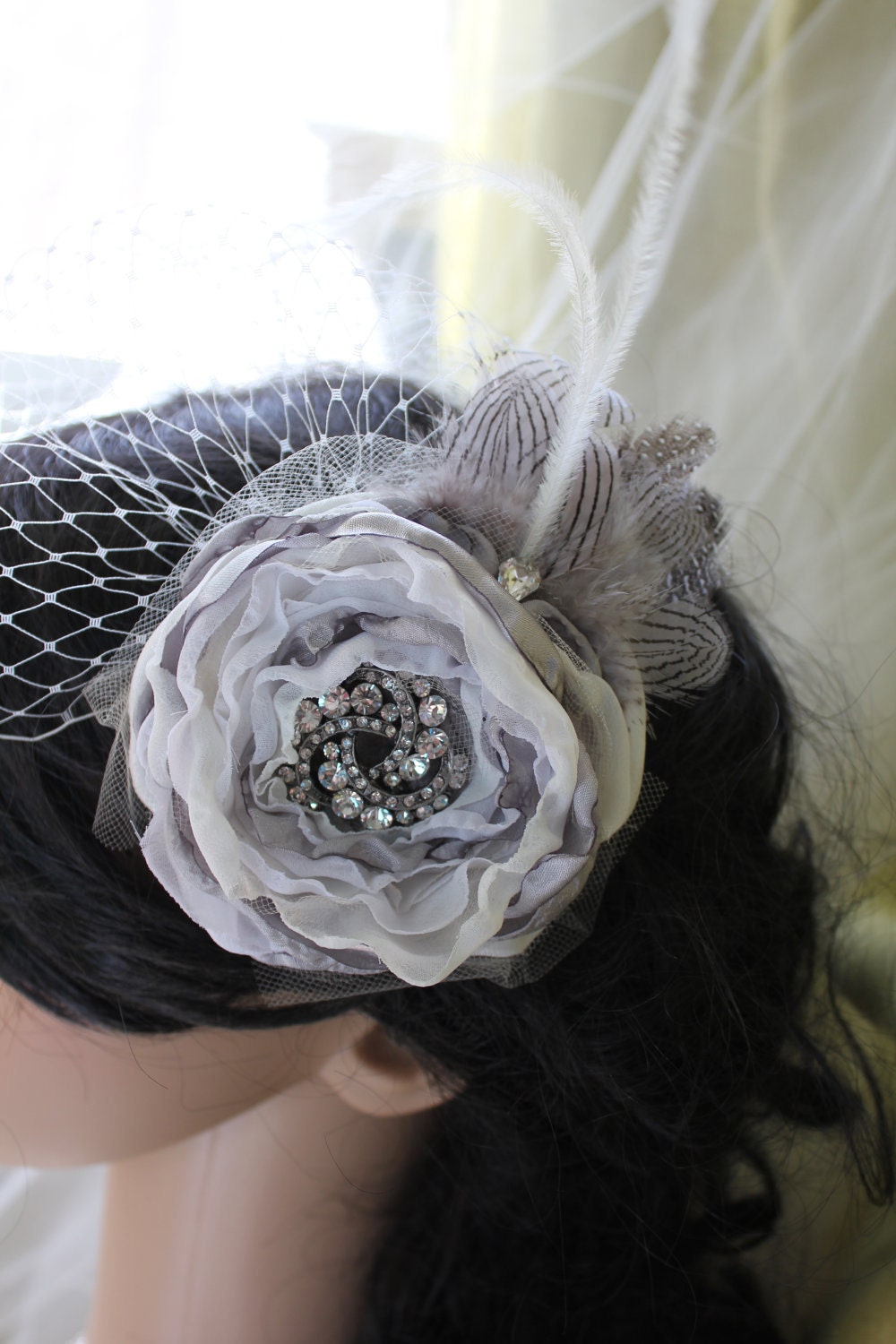 Gia, Platinum, White  and Ivory Singed Flower with vintage inspired rhinestone center -feather cascade with rhinestone droplet