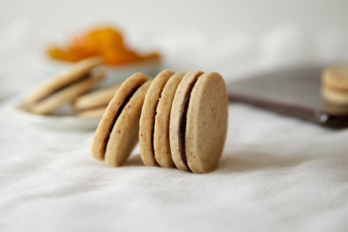 Pink Peppercorn Shortbread Sandwich Cookies with Chocolate Red Currant filling