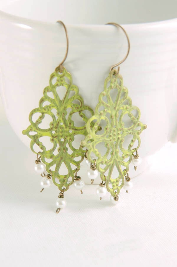 Chandelier Earrings Brass Filigree Sage Green, Bohemian Princess Jewelry Accessories Gifts for Her Under 20