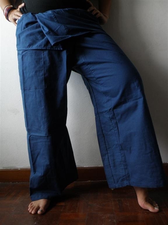 NAVY Blue Cotton THAI Fisherman Wrap Pants PERFECT for All Size
