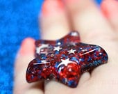 Star Ring, red, white, blue glitter & silvery stars, patriotic July 4th inspired, hand cast resin jewelry made in the USA by isewcute