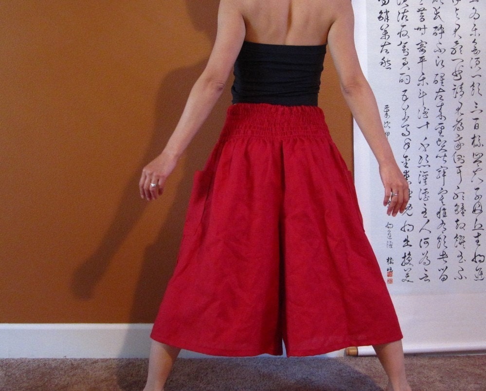 smocked waist pure linen gaucho made to order pick your color
