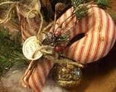 Primitive Candy Cane Shorties, Rustic Soft Sculpture Candy Cane Bowl Filler, Christmas Holiday Decor, Red White Ticking Fabric Candy Cane