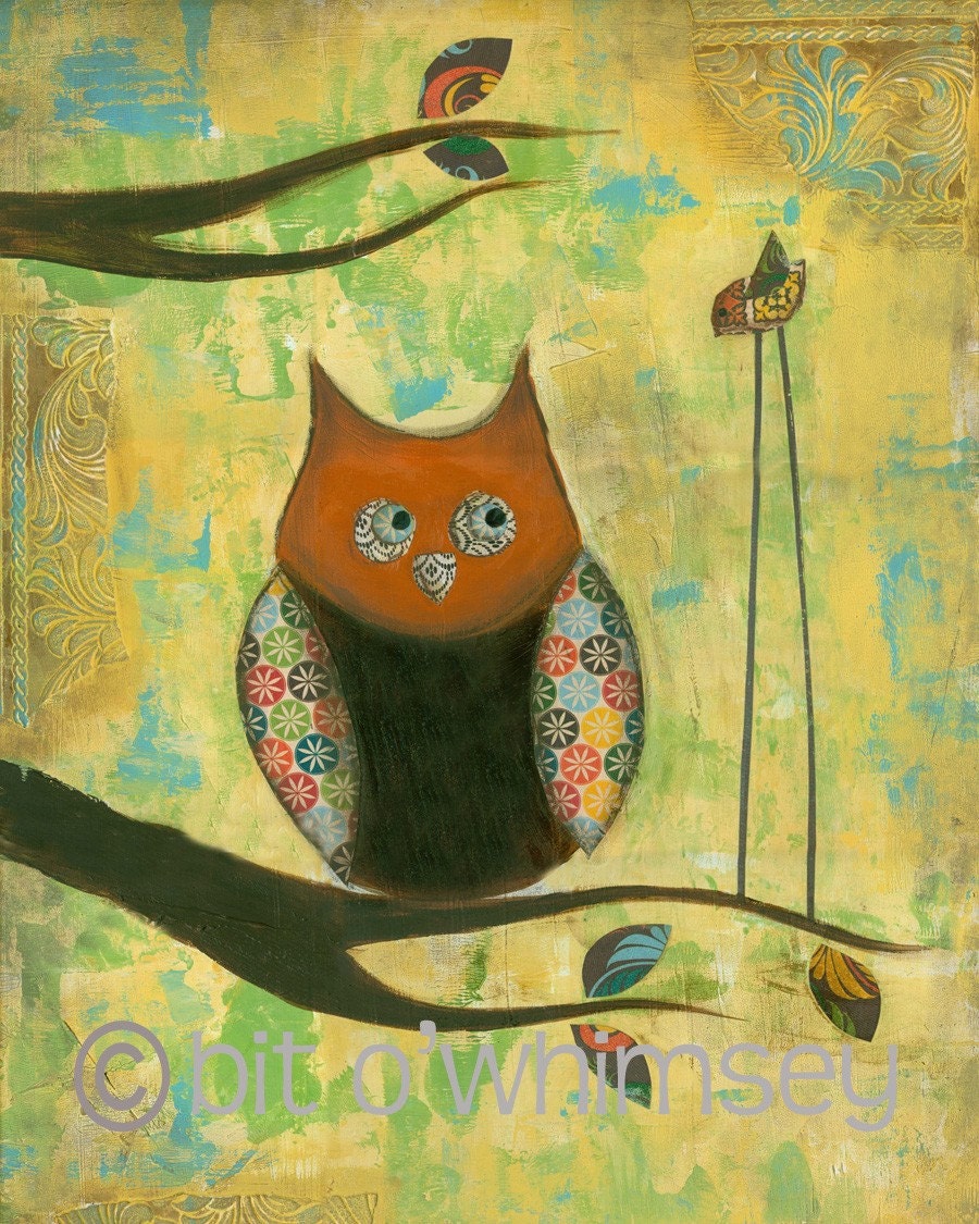 Orange Owl...8 x 10 print...from original mixed media painting and collage by Kandy Myny ...Owl with Bird