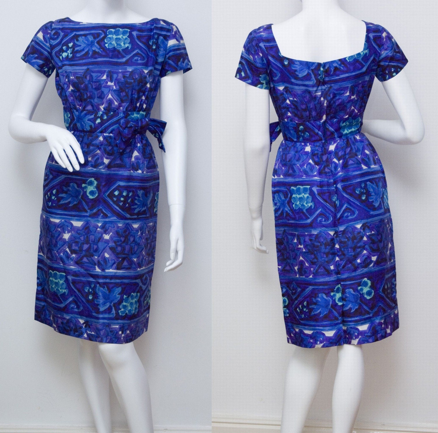 Vintage Dress 1960s Wiggle Dress Blue and Purple Satin Vintage Abstract Print Dress Size Small XS