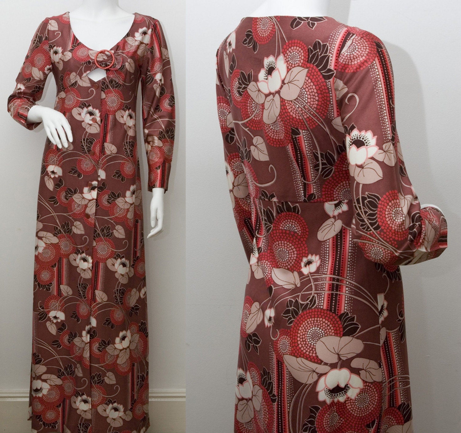 Vintage Dress Retro 70s Maxi Dress Red Floral Flower Dress 1970s Miss Cavendish (NOS) Size Small UK 10 US 6
