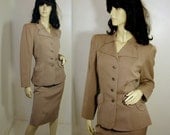 40s Gab Skirt Suit Tan Gabardine Jacket and Pencil Skirt XS