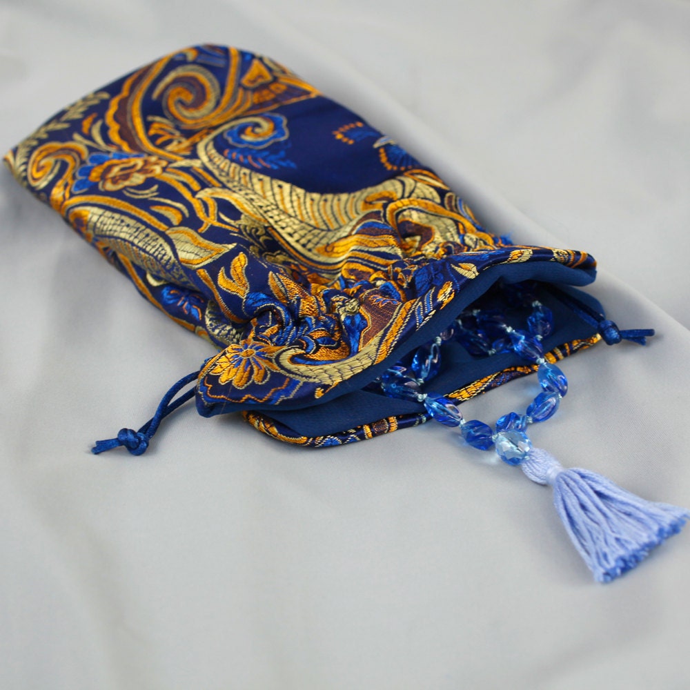 Royal Blue and Gold Silk Brocade Mala Bag - Paisley Drawstring Jewelry & Gift Pouch - Limited Edition Treasure Bag