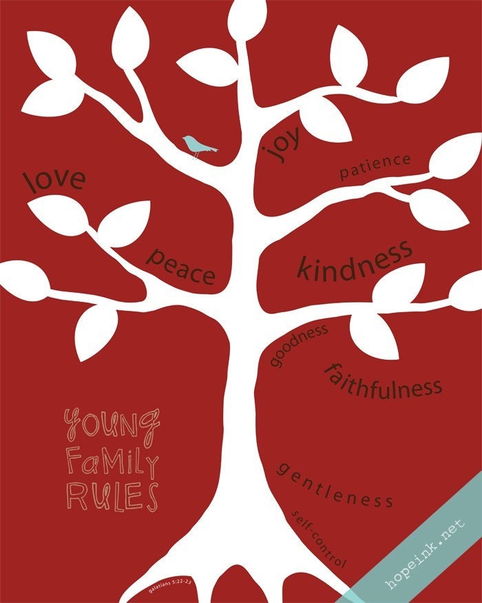 Family Rules Mounted Scripture Art, Personalized Fruit Of The Spirit Tree (11x14)