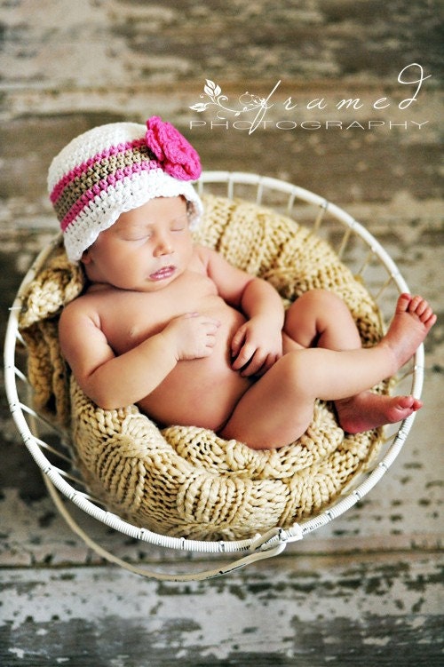 Baby Hat, 9 to 12 Month Baby Girl Crochet Cotton Striped Flapper Beanie Hat - Neapolitan White, Pink, Tan Hat for Baby Girls, Toddler Girls