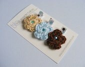 Hair Clips, Crochet Flower Hair Clips - Polka Dot Light Brown, Light Blue, Chocolate Brown Hair Clip Clippies for Baby Girls, Toddler Girls