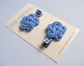 Hair Clips, Crochet Flower Hair Clip Pair - Blue Gingham Crochet Flower Hair Clips for Baby Girls, Toddler Girls Spring Summer Picnic
